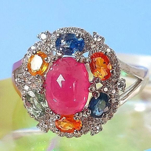 Natural‎ Ruby & Multi-color Sapphire 925 Sterling Silver Ring Sz 8 - Picture 3 of 7